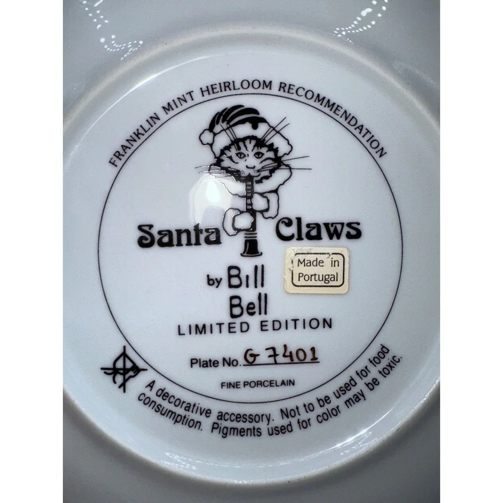 Franklin Mint Bill Bell Christmas Cat Plate Santa Claws‎ Limited Edition #G7401